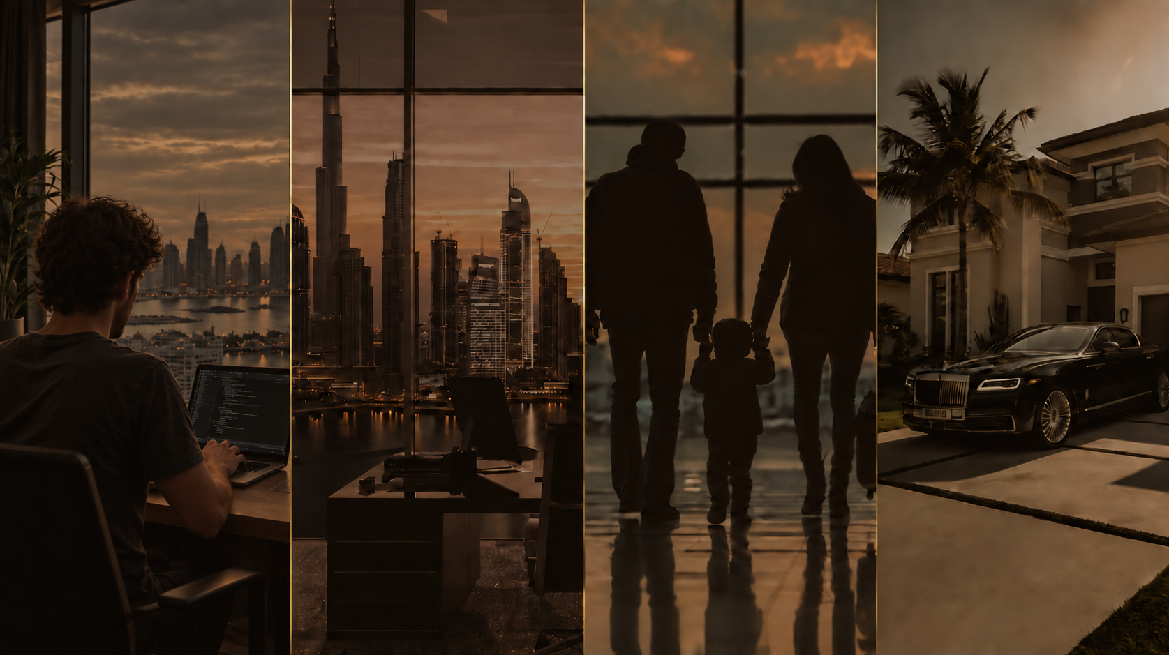 A young digital entrepreneur working at a laptop, Dubai skyline, family and wealth: the four dimensions of your international future