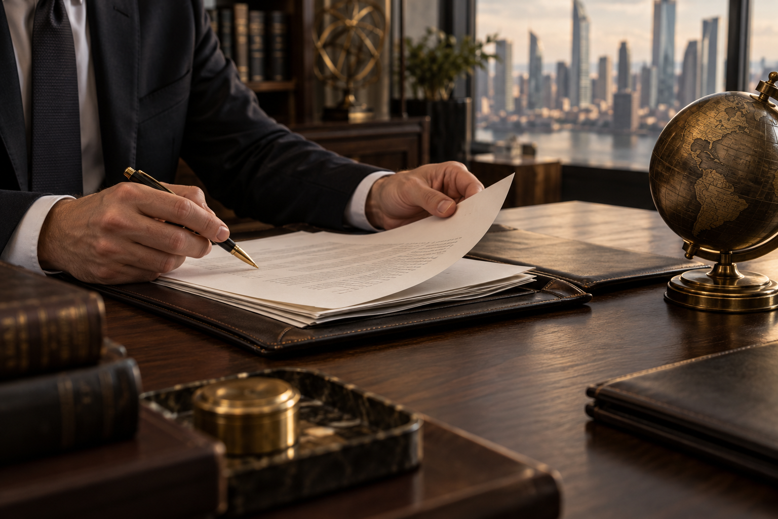 A specialist carefully reviewing company documents in an international office
